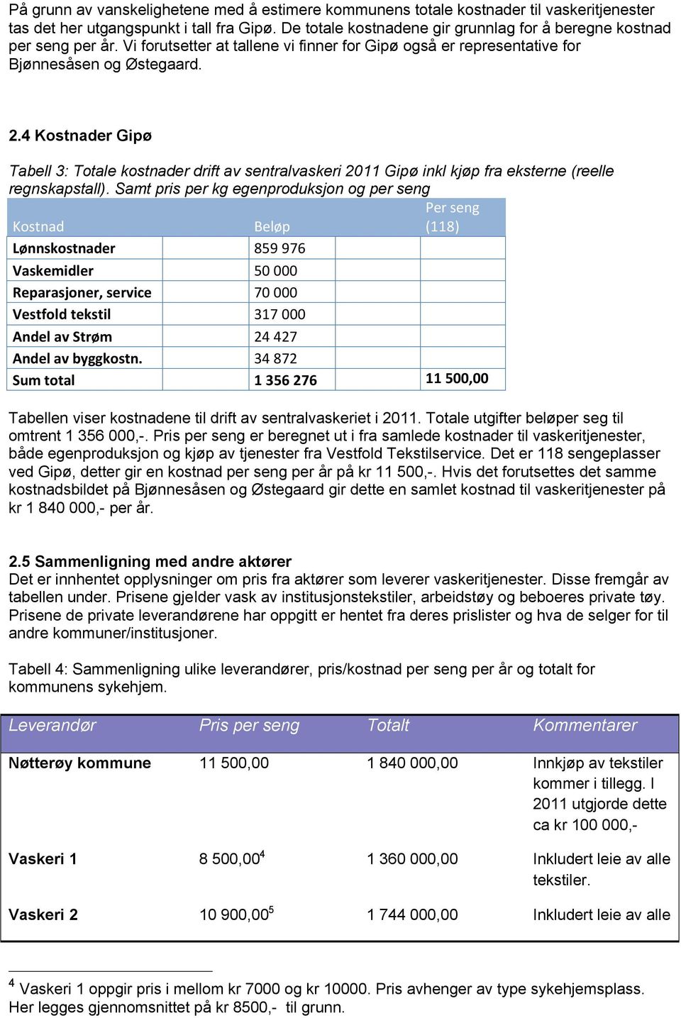 4 Kostnader Gipø Tabell 3: Totale kostnader drift av sentralvaskeri 2011 Gipø inkl kjøp fra eksterne (reelle regnskapstall).
