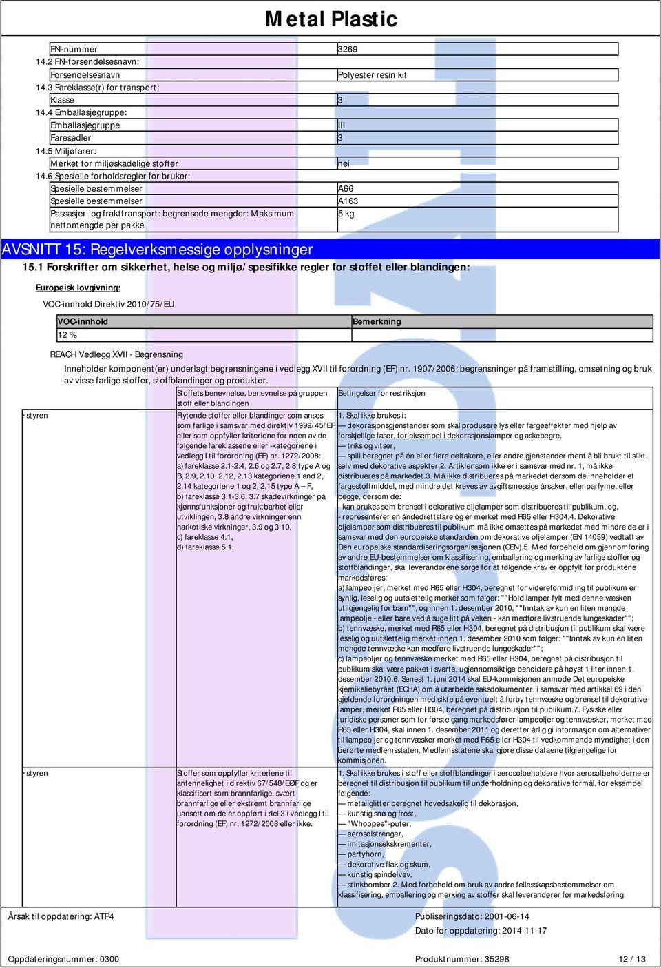 6 Spesielle forholdsregler for bruker: Spesielle bestemmelser A66 Spesielle bestemmelser A163 Passasjer- og frakttransport: begrensede mengder: Maksimum 5 kg nettomengde per pakke AVSNITT 15: