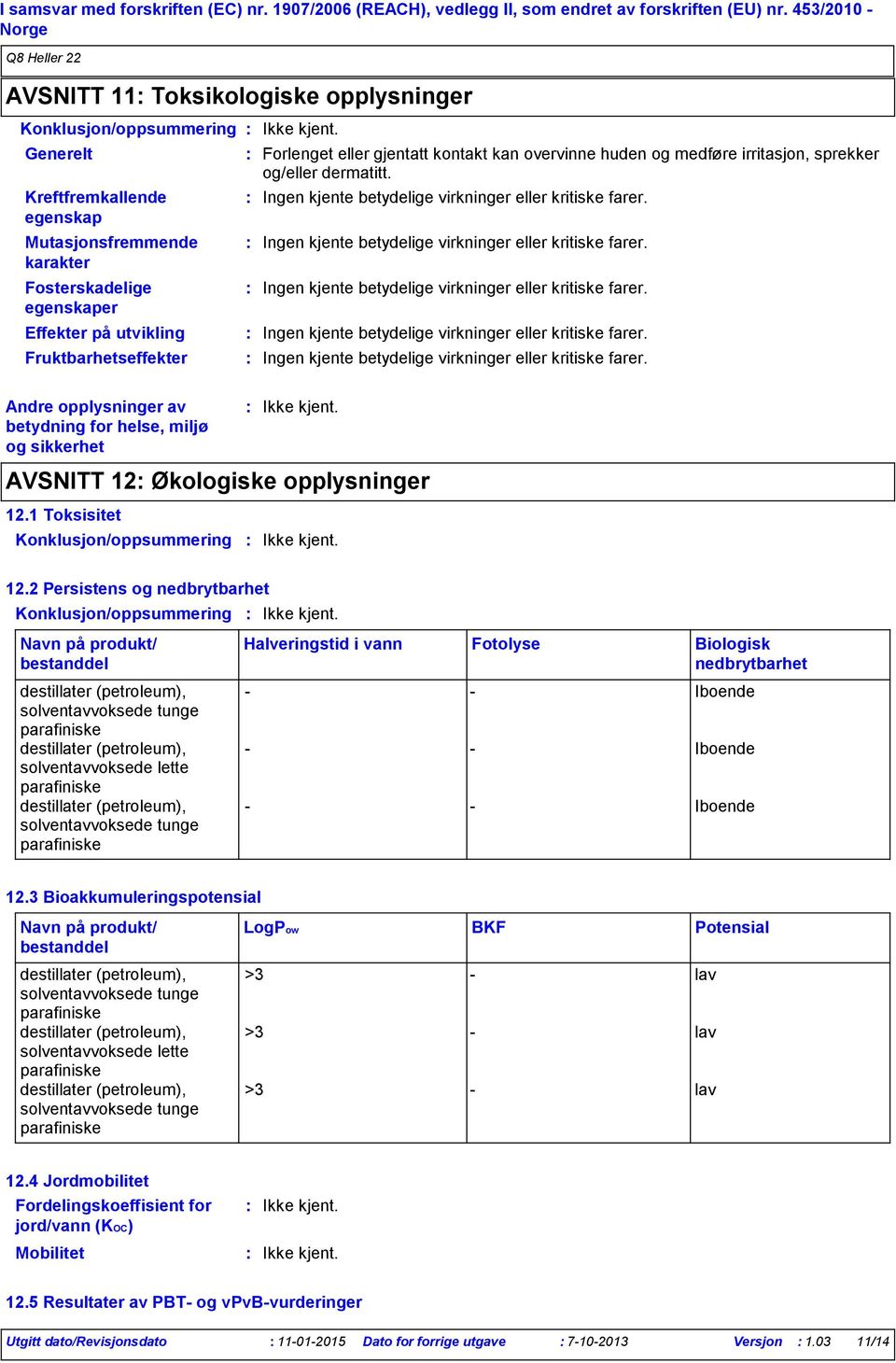 Fruktbarhetseffekter Andre opplysninger av betydning for helse, miljø og sikkerhet Forlenget eller gjentatt kontakt kan overvinne huden og medføre irritasjon, sprekker og/eller dermatitt.