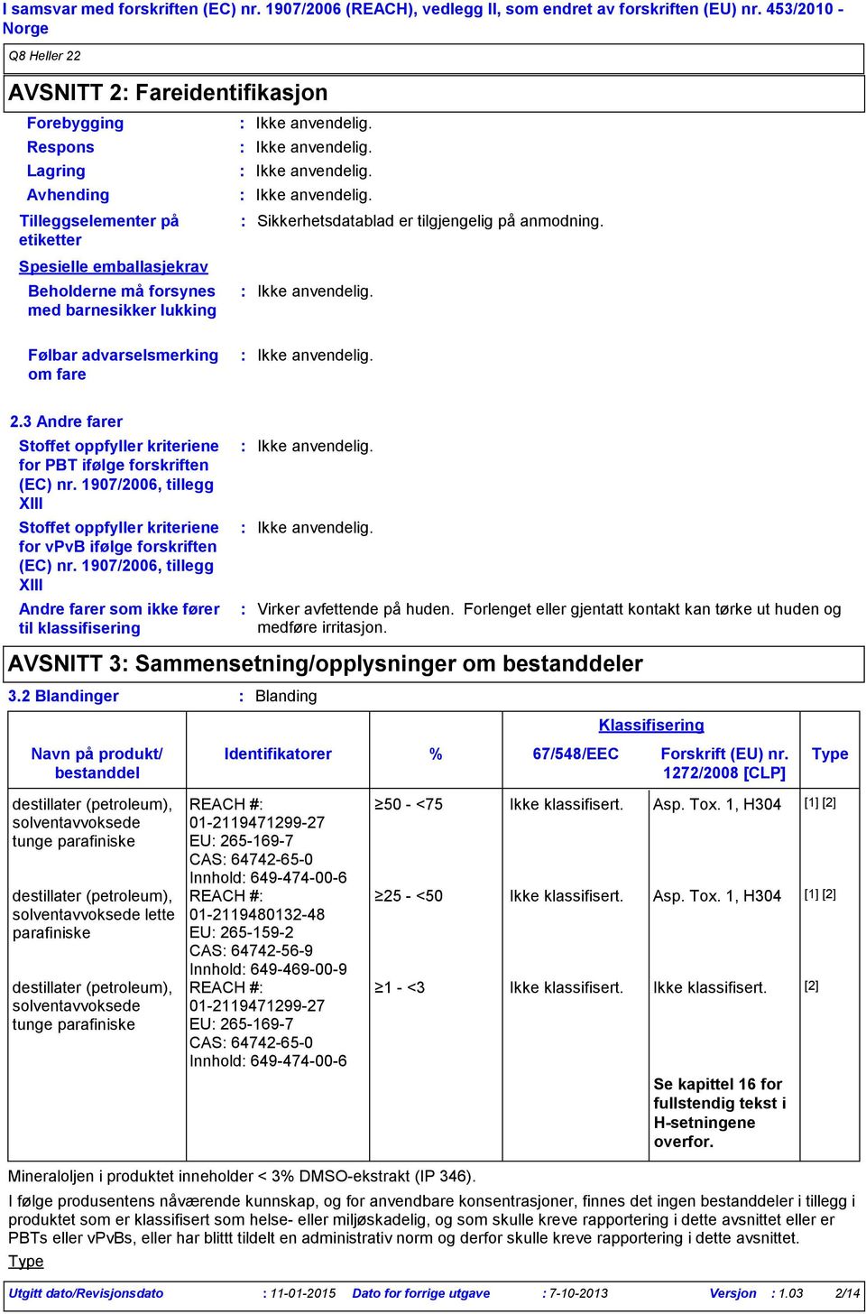 er tilgjengelig på anmodning. Følbar advarselsmerking om fare 2.3 Andre farer Stoffet oppfyller kriteriene for PBT ifølge forskriften (EC) nr.