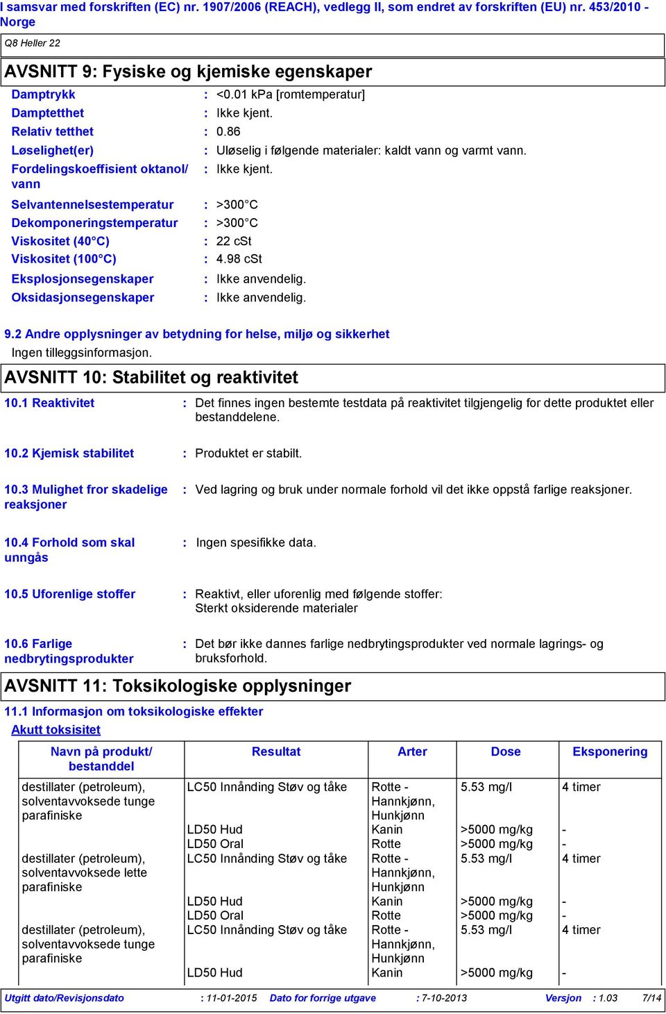 Viskositet (40 C) Viskositet (100 C) Eksplosjonsegenskaper Oksidasjonsegenskaper <0.01 kpa [romtemperatur] 0.86 Uløselig i følgende materialer kaldt vann og varmt vann. >300 C >300 C 22 cst 4.