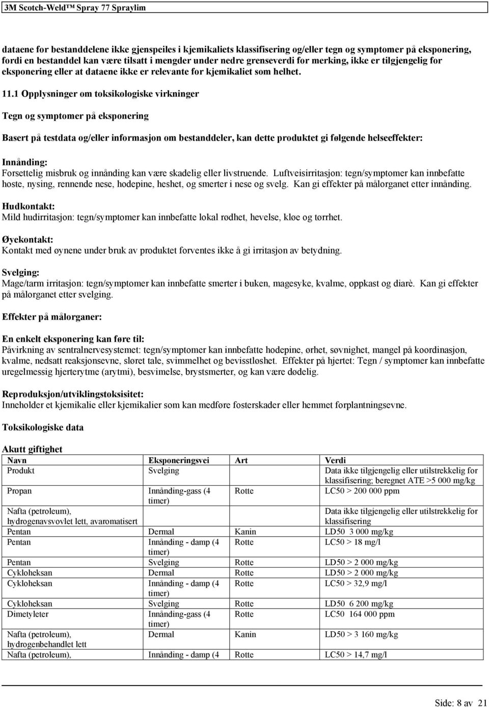 1 Opplysninger om toksikologiske virkninger Tegn og symptomer på eksponering Basert på testdata og/ inmasjon om bestanddeler, kan dette produktet gi følgende helseeffekter: Innånding: Forsettelig