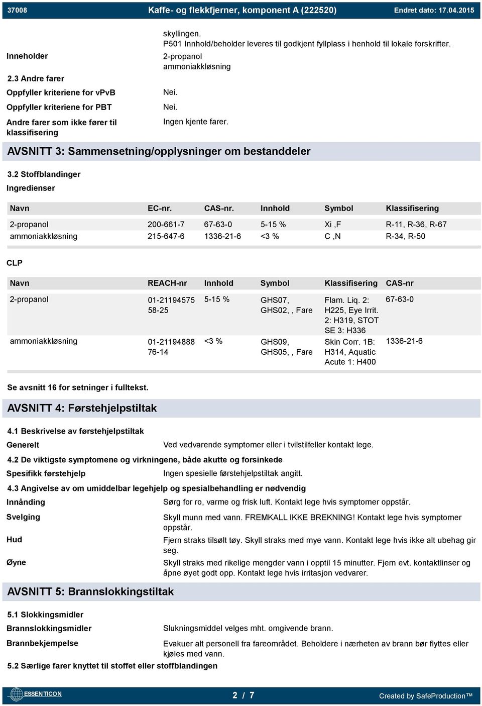 AVSNITT 3: Sammensetning/opplysninger om bestanddeler 3.2 Stoffblandinger Ingredienser Navn EC-nr. CAS-nr.