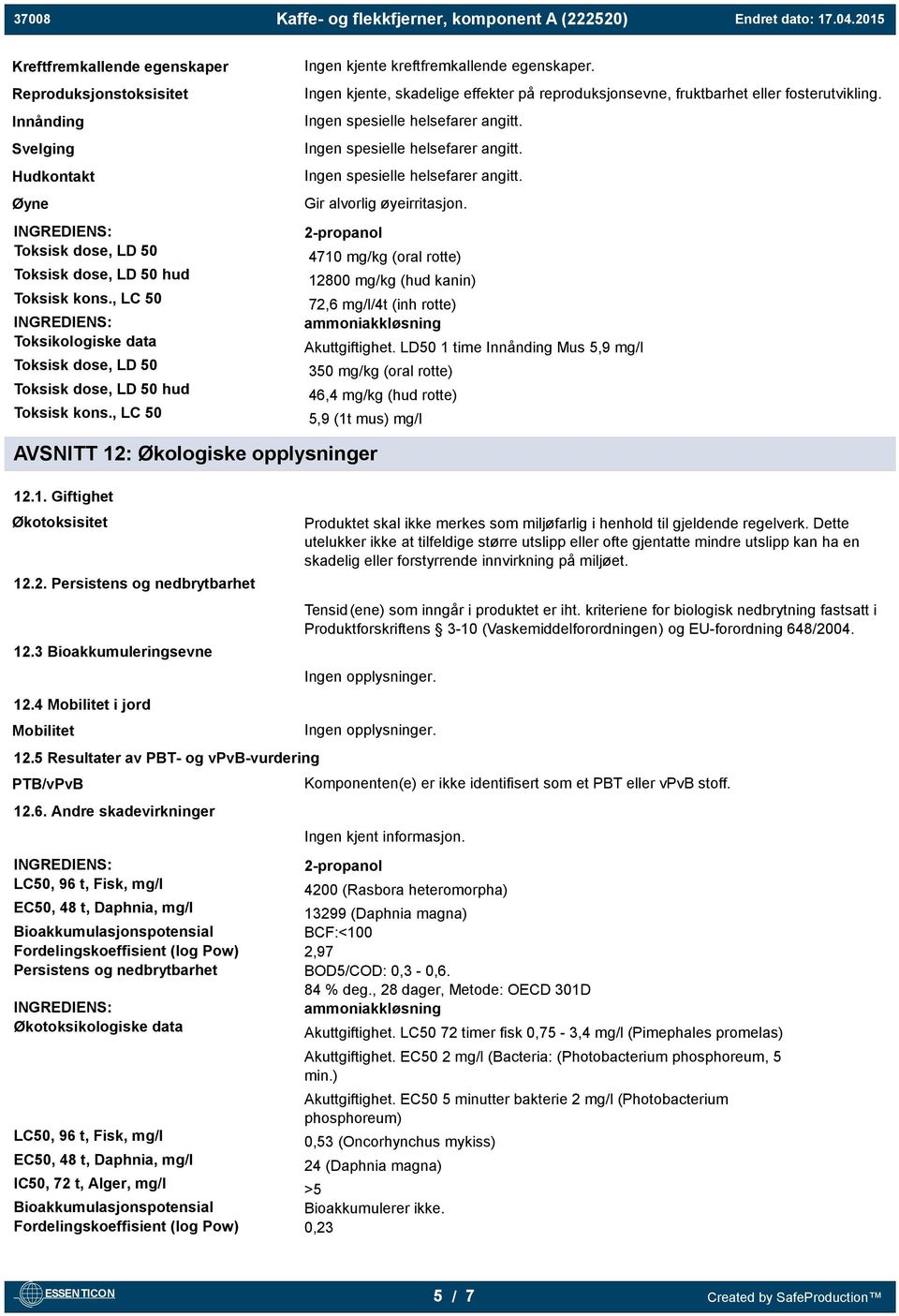 Ingen kjente, skadelige effekter på reproduksjonsevne, fruktbarhet eller fosterutvikling. Ingen spesielle helsefarer angitt. Ingen spesielle helsefarer angitt. Ingen spesielle helsefarer angitt. Gir alvorlig øyeirritasjon.