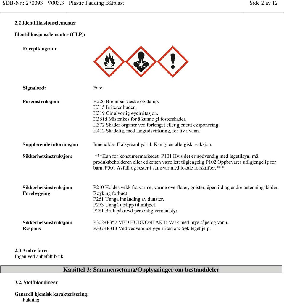 H315 Irriterer huden. H319 Gir alvorlig øyeirritasjon. H361d Mistenkes for å kunne gi fosterskader. H372 Skader organer ved forlenget eller gjentatt eksponering.