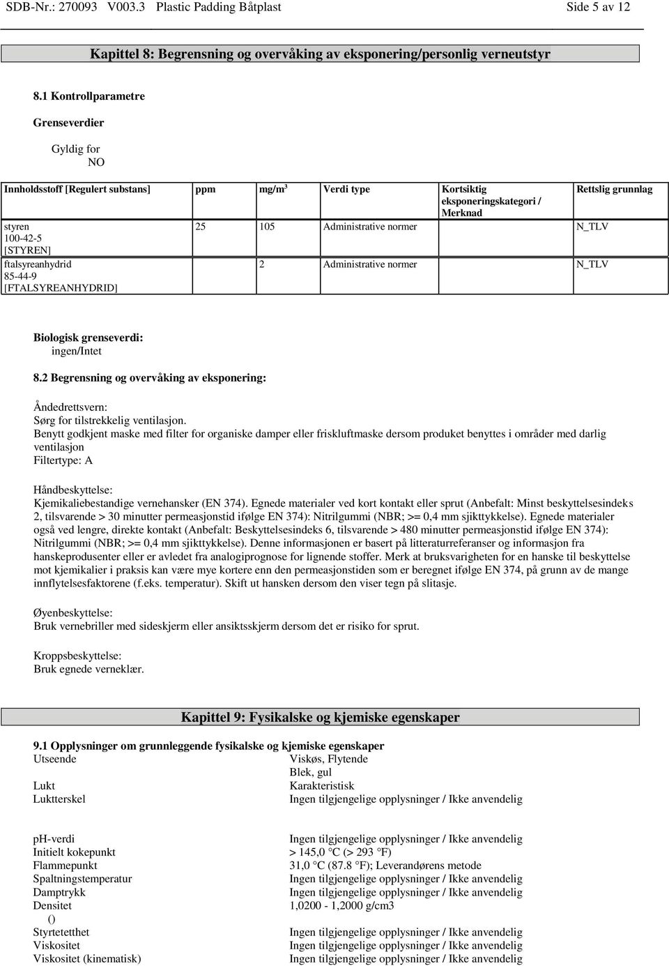 N_TLV [STYREN] ftalsyreanhydrid [FTALSYREANHYDRID] 2 Administrative normer N_TLV Biologisk grenseverdi: ingen/intet 8.