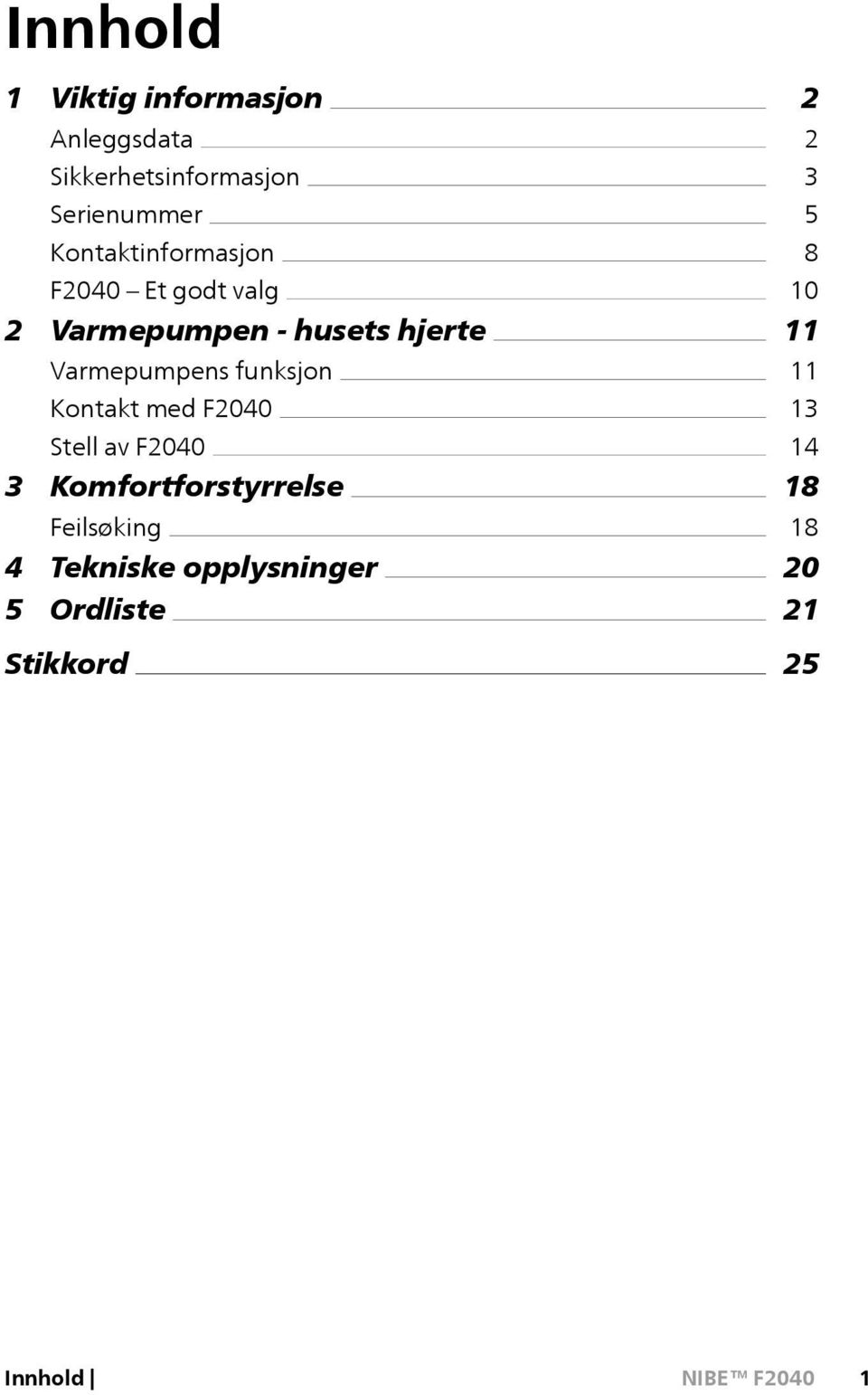 funksjon Kontakt med F2040 Stell av F2040 3 Komfortforstyrrelse Feilsøking 4