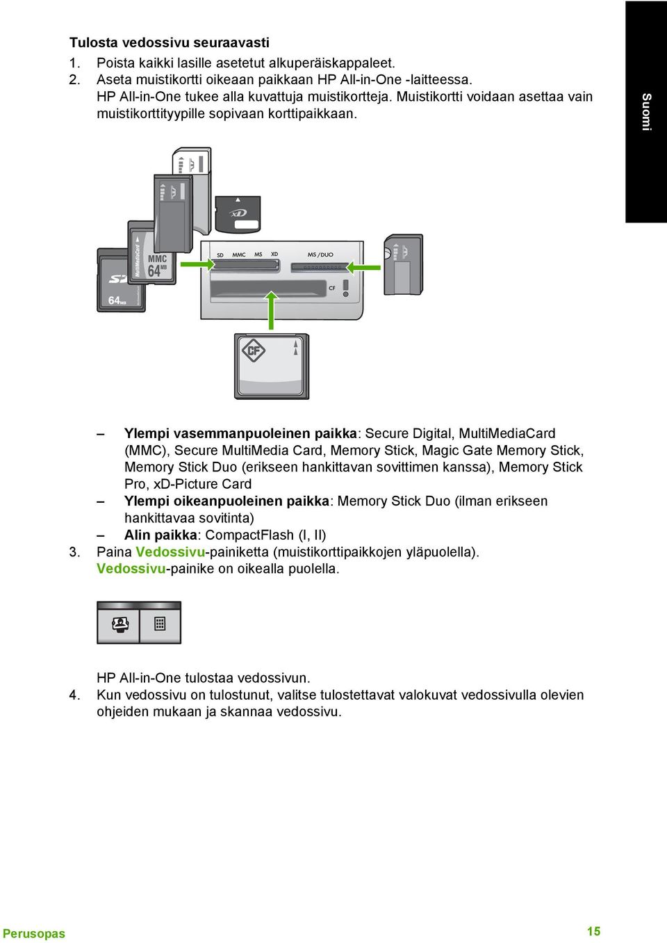 Ylempi vasemmanpuoleinen paikka: Secure Digital, MultiMediaCard (MMC), Secure MultiMedia Card, Memory Stick, Magic Gate Memory Stick, Memory Stick Duo (erikseen hankittavan sovittimen kanssa), Memory