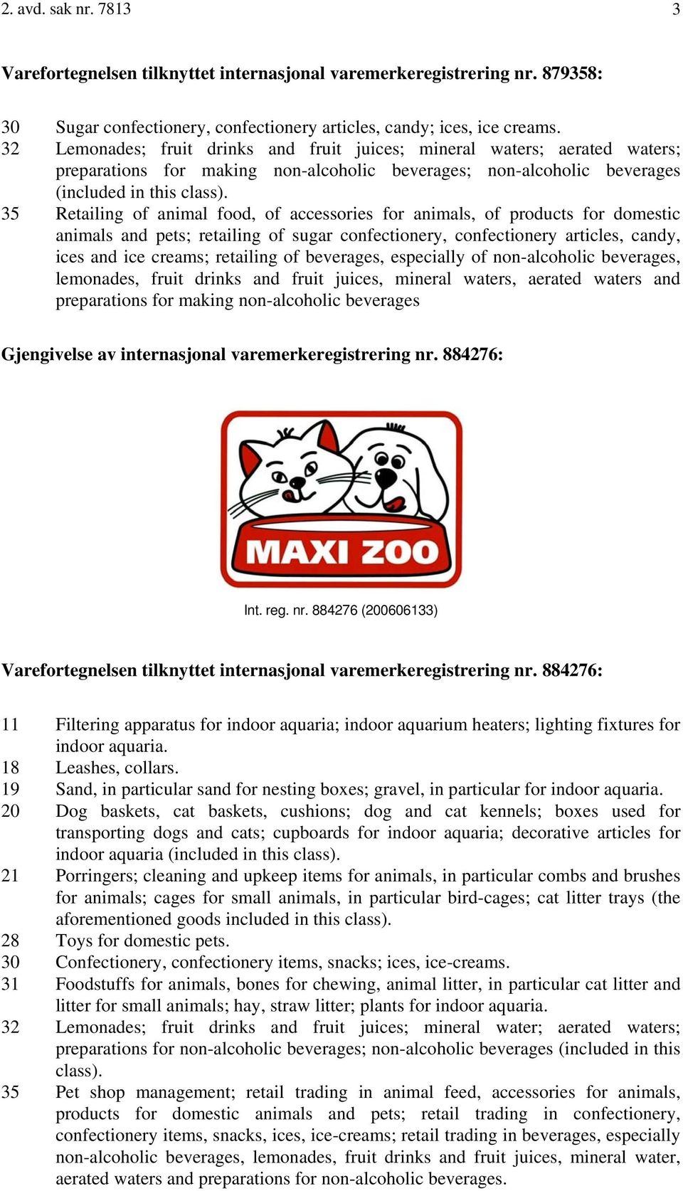 35 Retailing of animal food, of accessories for animals, of products for domestic animals and pets; retailing of sugar confectionery, confectionery articles, candy, ices and ice creams; retailing of