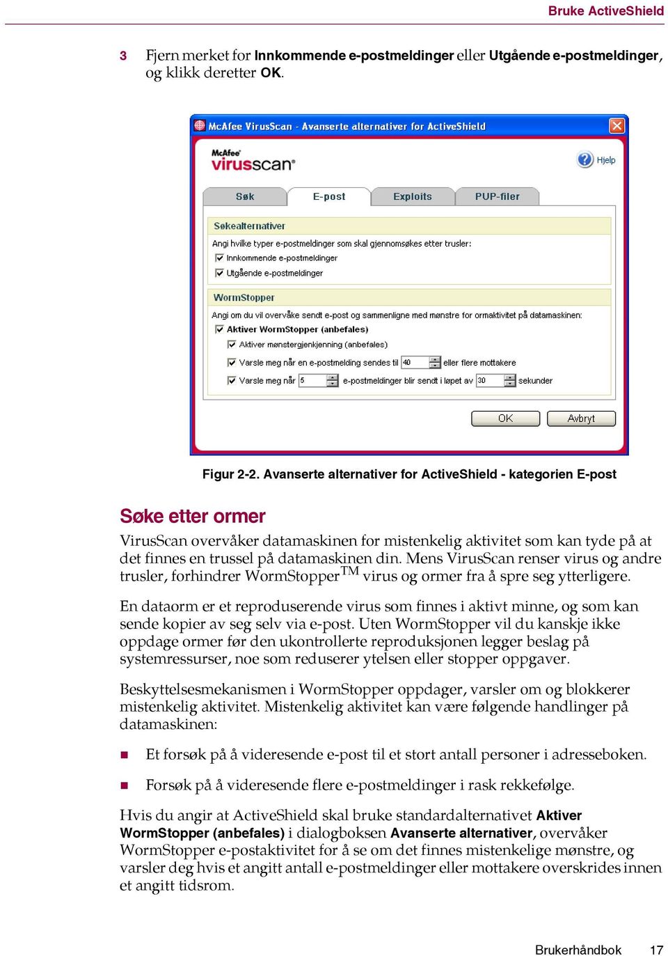 Mens VirusScan renser virus og andre trusler, forhindrer WormStopper TM virus og ormer fra å spre seg ytterligere.