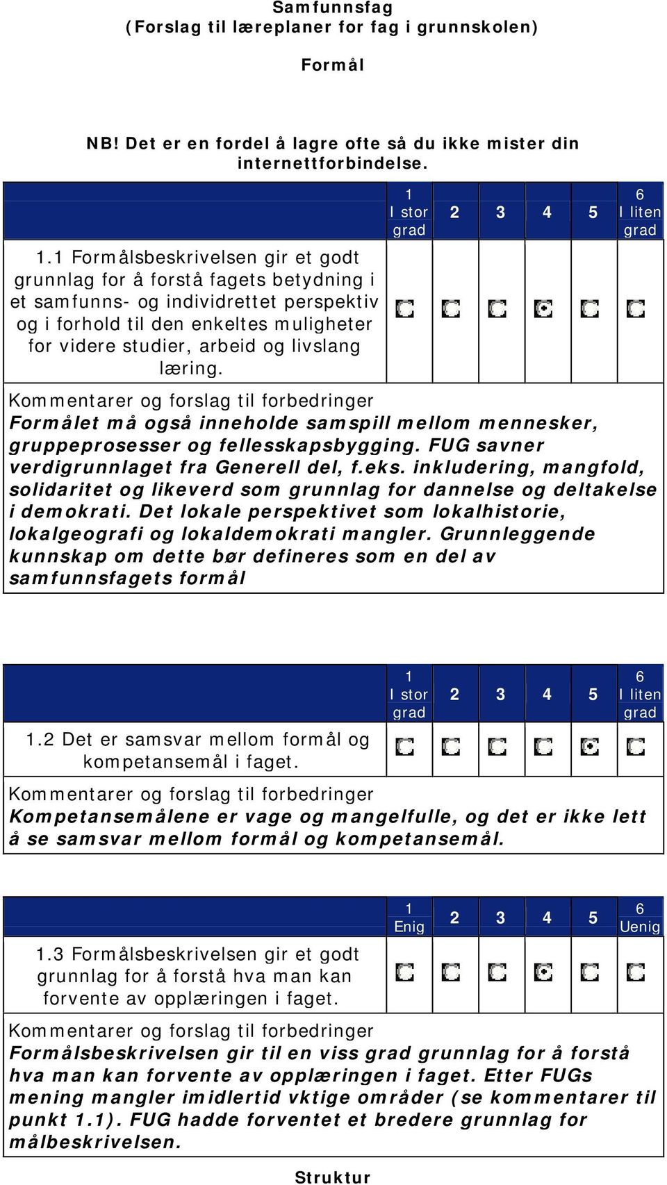 læring. Formålet må også inneholde samspill mellom mennesker, gruppeprosesser og fellesskapsbygging. FUG savner verdigrunnlaget fra Generell del, f.eks.