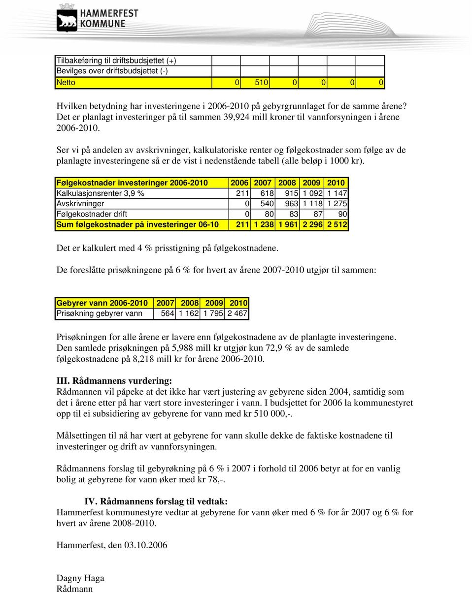 Ser vi på andelen av avskrivninger, kalkulatoriske renter og følgekostnader som følge av de planlagte investeringene så er de vist i nedenstående tabell (alle beløp i 1000 kr).