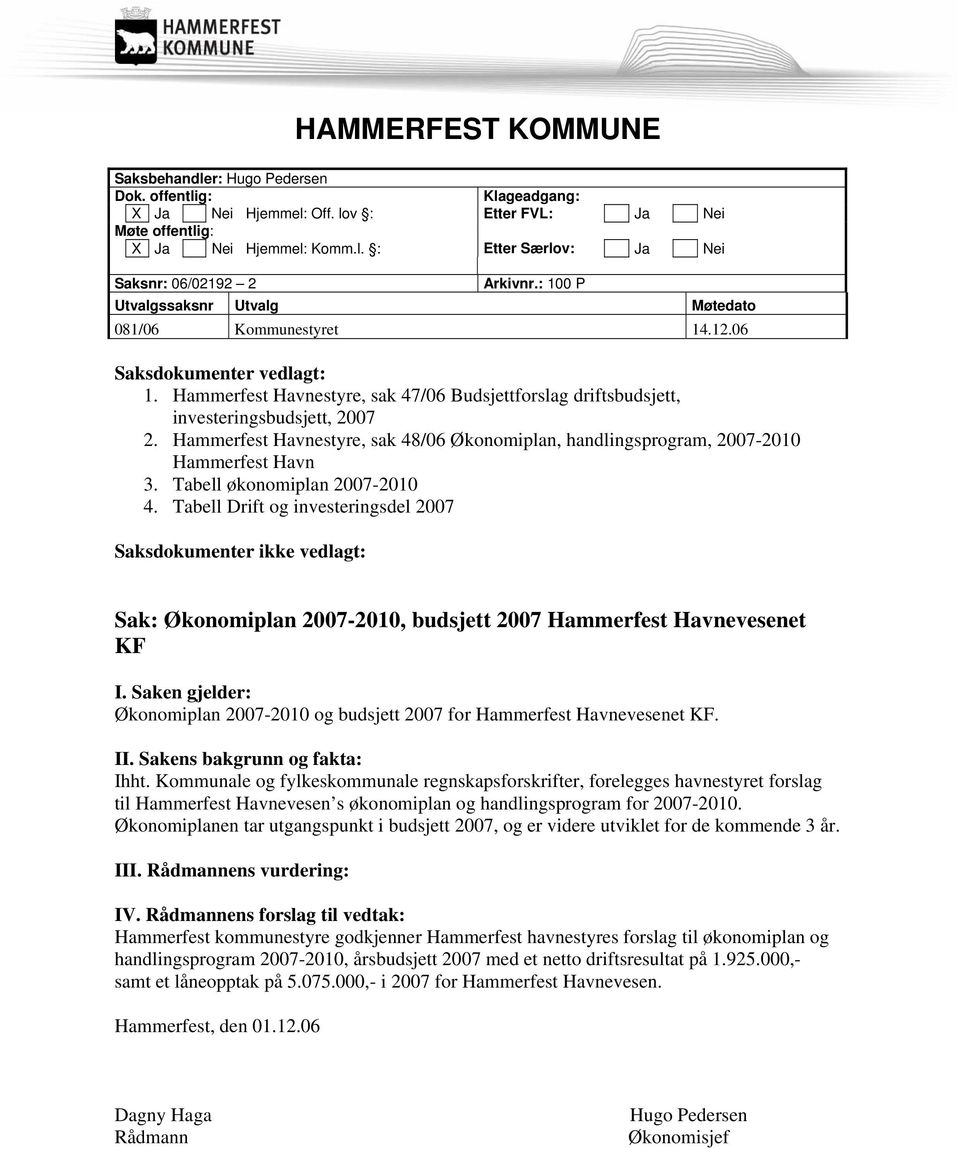 Hammerfest Havnestyre, sak 48/06 Økonomiplan, handlingsprogram, 2007-2010 Hammerfest Havn 3. Tabell økonomiplan 2007-2010 4.