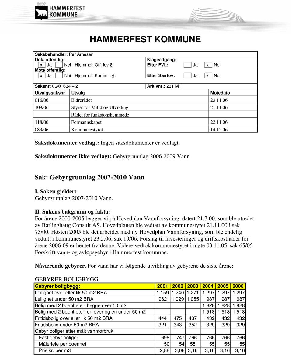 06 Saksdokumenter vedlagt: Ingen saksdokumenter er vedlagt. Saksdokumenter ikke vedlagt: Gebyrgrunnlag 2006-2009 Vann Sak: Gebyrgrunnlag 2007-2010 Vann I. Saken gjelder: Gebyrgrunnlag 2007-2010 Vann.