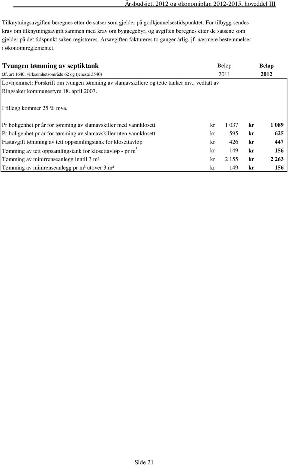 Årsavgiften faktureres to ganger årlig, jf. nærmere bestemmelser i økonomireglementet. Tvungen tømming av septiktank Beløp Beløp (Jf.