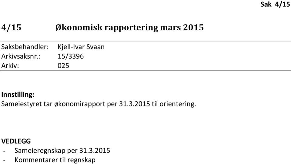 : 15/3396 Arkiv: 025 Innstilling: Sameiestyret tar