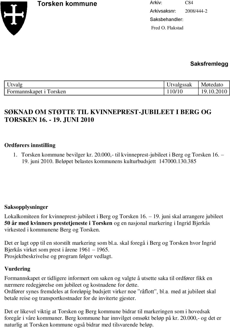 385 Lokalkomiteen for kvinneprest-jubileet i Berg og Torsken 16. 19.