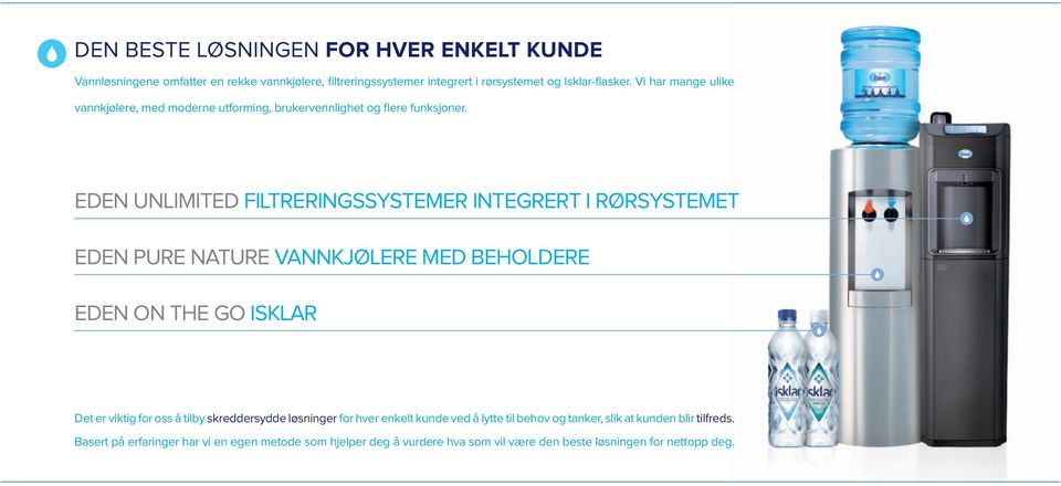 EDEN UNLIMITED FILTRERINGSSYSTEMER INTEGRERT I RØRSYSTEMET EDEN PURE NATURE VANNKJØLERE MED BEHOLDERE EDEN ON THE GO ISKLAR Det er viktig for oss å tilby