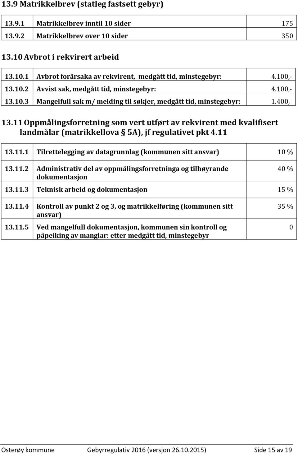 11 Oppmålingsforretning som vert utført av rekvirent med kvalifisert landmålar (matrikkellova 5A), jf regulativet pkt 4.11 13.11.1 Tilrettelegging av datagrunnlag (kommunen sitt ansvar) 10 % 13.11.2 Administrativ del av oppmålingsforretninga og tilhøyrande dokumentasjon 40 % 13.