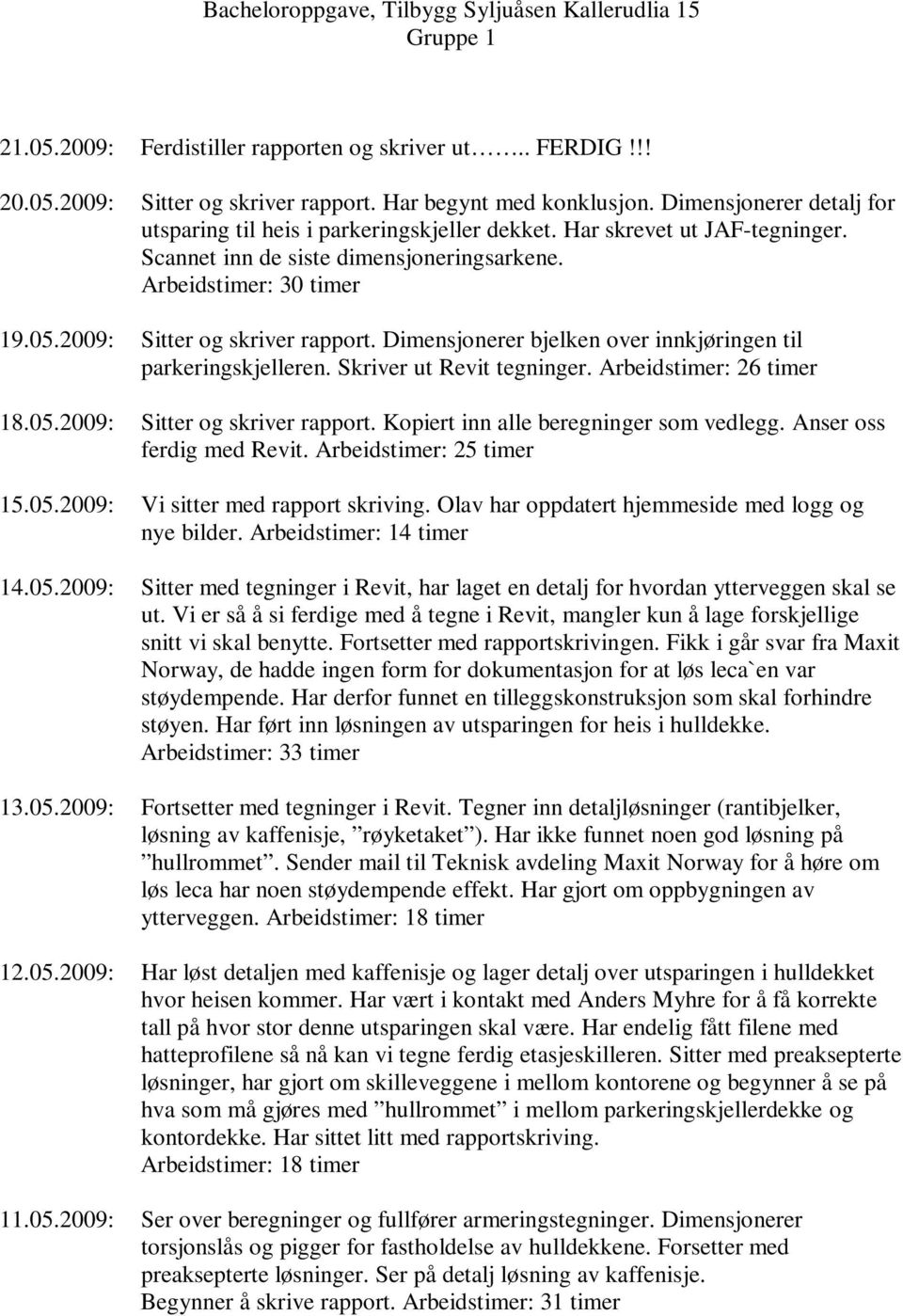 2009: Sitter og skriver rapport. Dimensjonerer bjelken over innkjøringen til parkeringskjelleren. Skriver ut Revit tegninger. Arbeidstimer: 26 timer 18.05.2009: Sitter og skriver rapport. Kopiert inn alle beregninger som vedlegg.