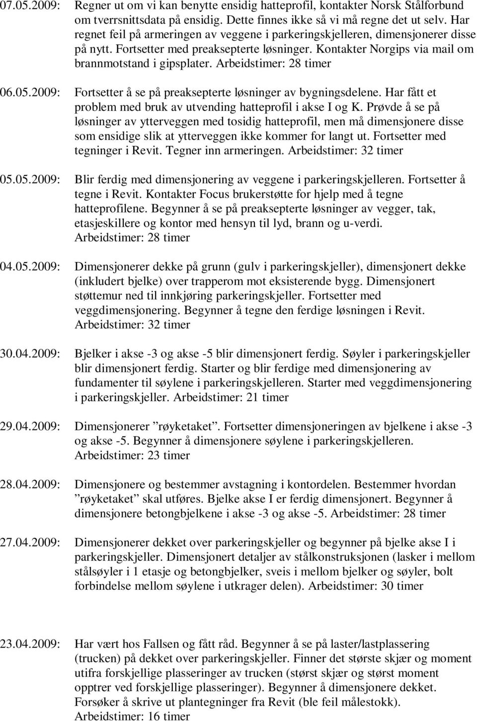 Arbeidstimer: 28 timer 06.05.2009: Fortsetter å se på preaksepterte løsninger av bygningsdelene. Har fått et problem med bruk av utvending hatteprofil i akse I og K.