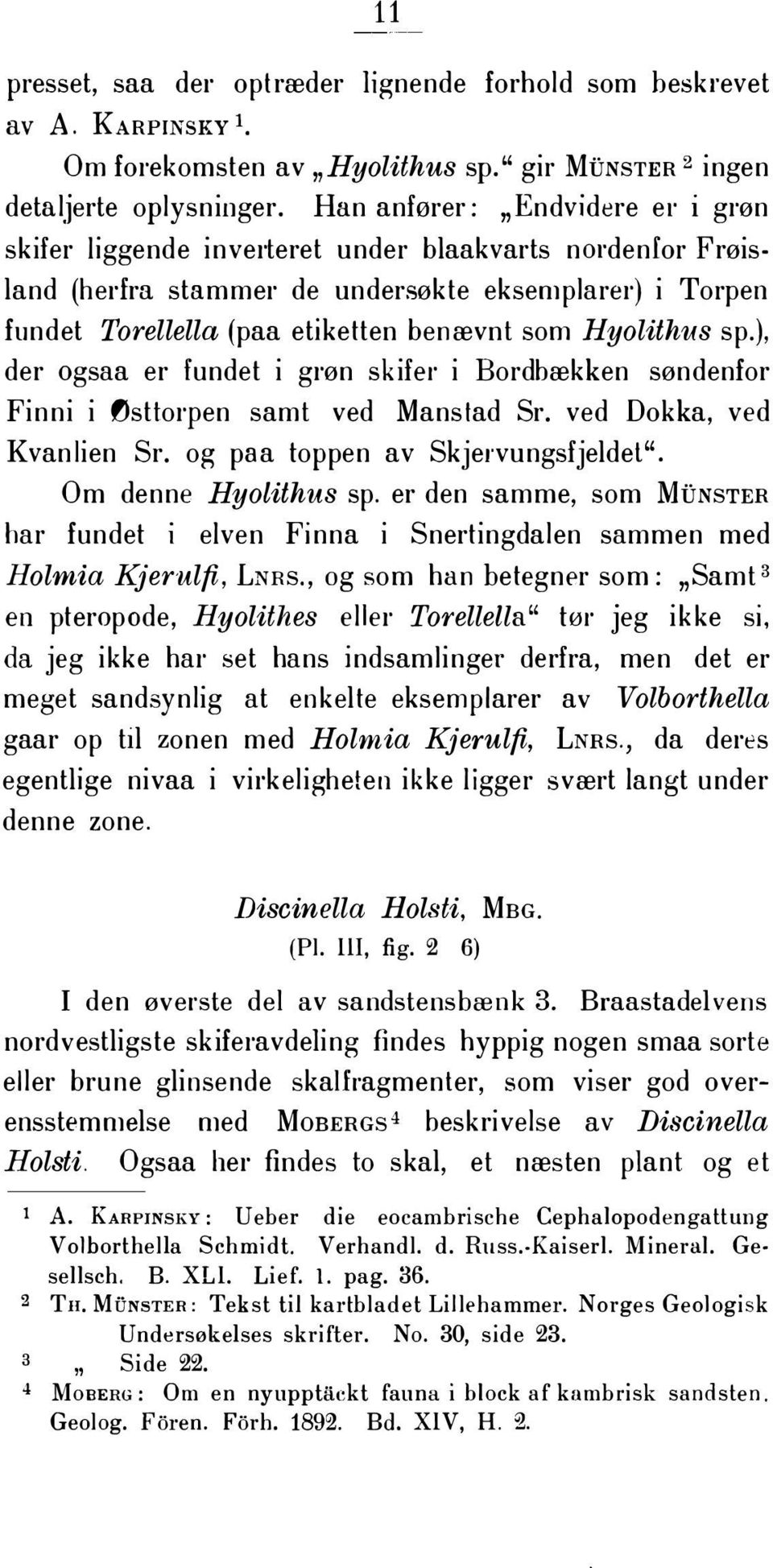 Hyolithus sp.), der ogsaa er fundet i grøn skifer i Bordbækken søndenfor Finni i Østtorpen samt ved Manstad Sr. ved Dokka, ved Kvanlien Sr. og paa toppen av Skjervungsfjeldet". Om denne Hyolithus sp.