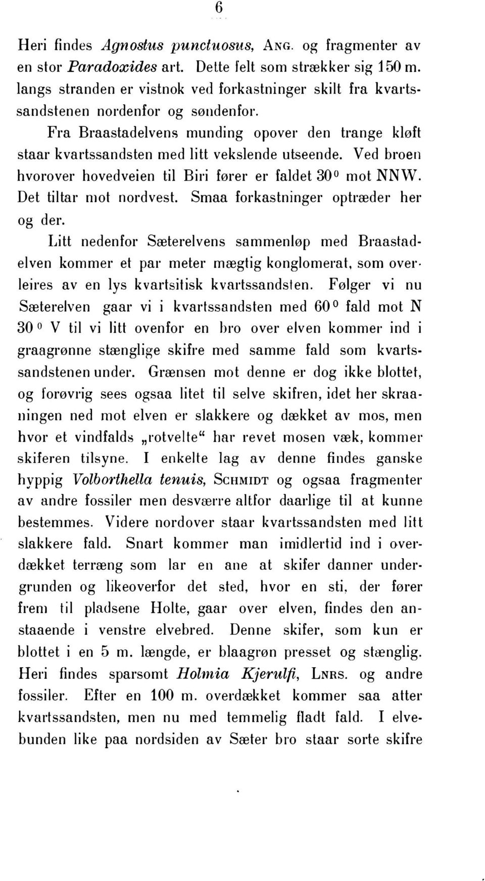 Ved broen hvorover hovedveien til Biri fører er faldet 300 mot NNW. Det tiltar mot nordvest. Smaa forkastninger optræder her og der.