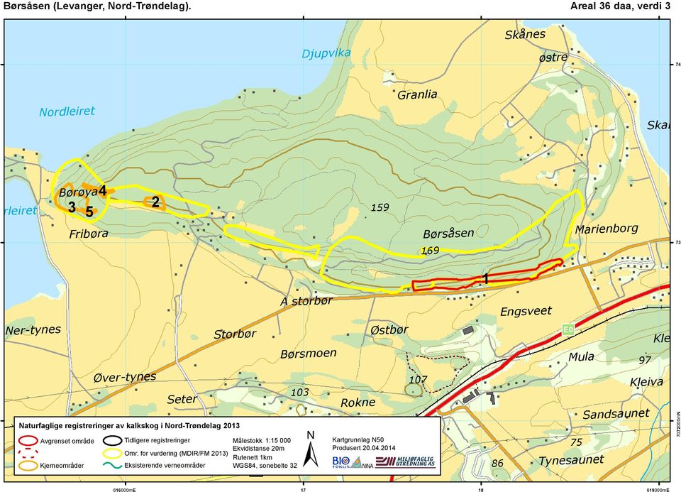 registreringer av kalkskog i Nord-Trøndelag 2013 Søgstad Kjerneområder 73 169 1 A storbør Avgrenset område Marienborg Børsåsen Fribøra Tidligere registreringer