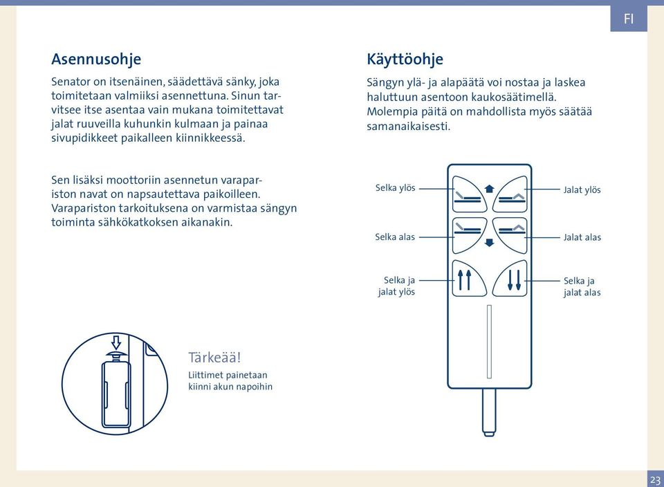 Käyttöohje Sängyn ylä- ja alapäätä voi nostaa ja laskea haluttuun asentoon kaukosäätimellä. Molempia päitä on mahdollista myös säätää samanaikaisesti.