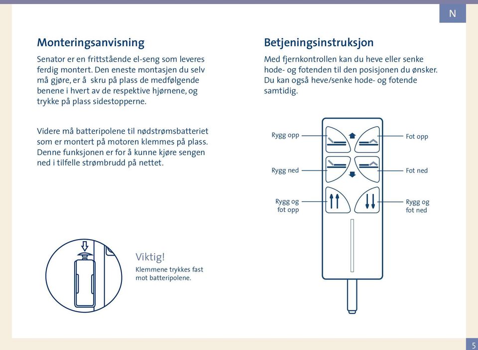 Betjeningsinstruksjon Med fjernkontrollen kan du heve eller senke hode- og fotenden til den posisjonen du ønsker. Du kan også heve/senke hode- og fotende samtidig.