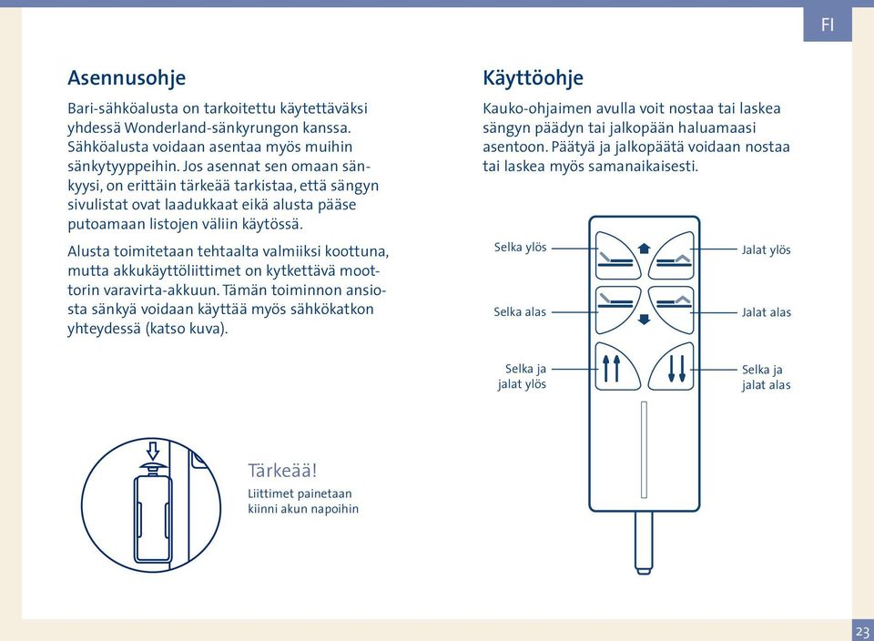 Alusta toimitetaan tehtaalta valmiiksi koottuna, mutta akkukäyttöliittimet on kytkettävä moottorin varavirta-akkuun.