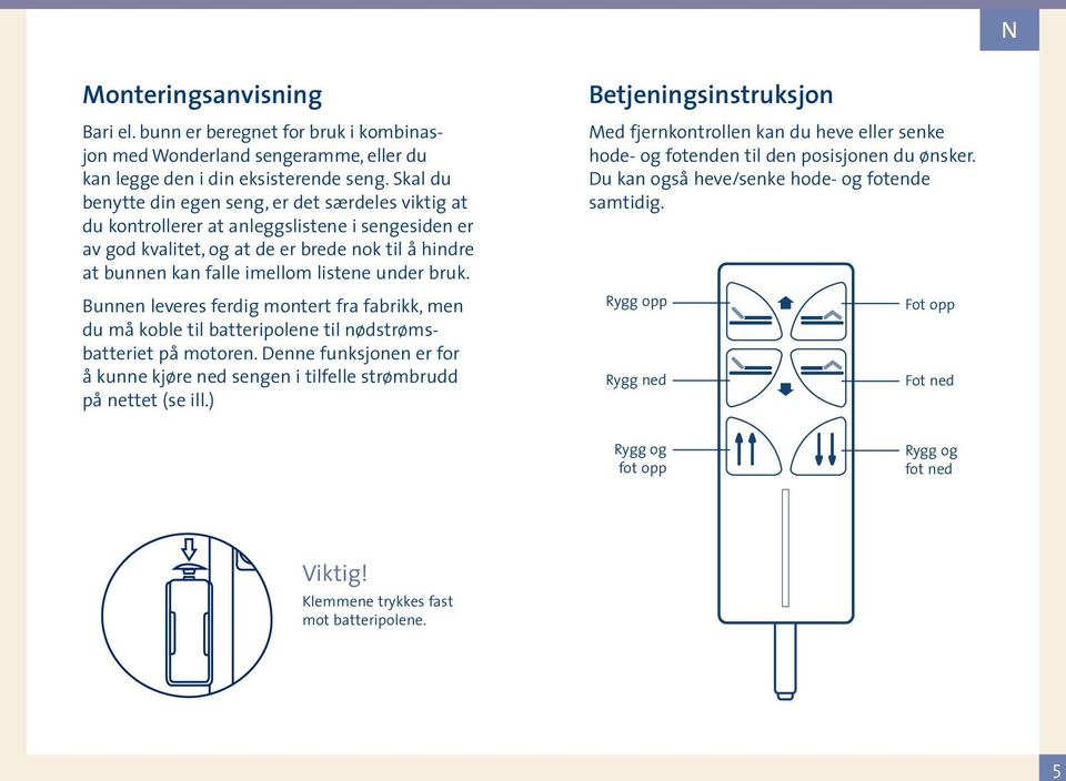 under bruk. Bunnen leveres ferdig montert fra fabrikk, men du må koble til batteripolene til nødstrømsbatteriet på motoren.