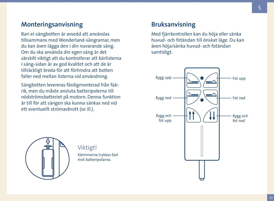 mellan listerna vid användning. Sängbotten levereras färdigmonterad från fabrik, men du måste ansluta batteripolerna till nödströmsbatteriet på motorn.