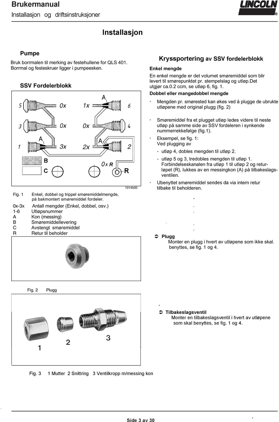 ubrukte utløpene med original plugg (fig 2) Fig 1 Enkel, dobbel og trippel smøremiddelmengde, på bakmontert smøremiddel fordeler 0x-3x Antall mengder (Enkel, dobbel, osv) 1-6 Utløpsnummer A Kon