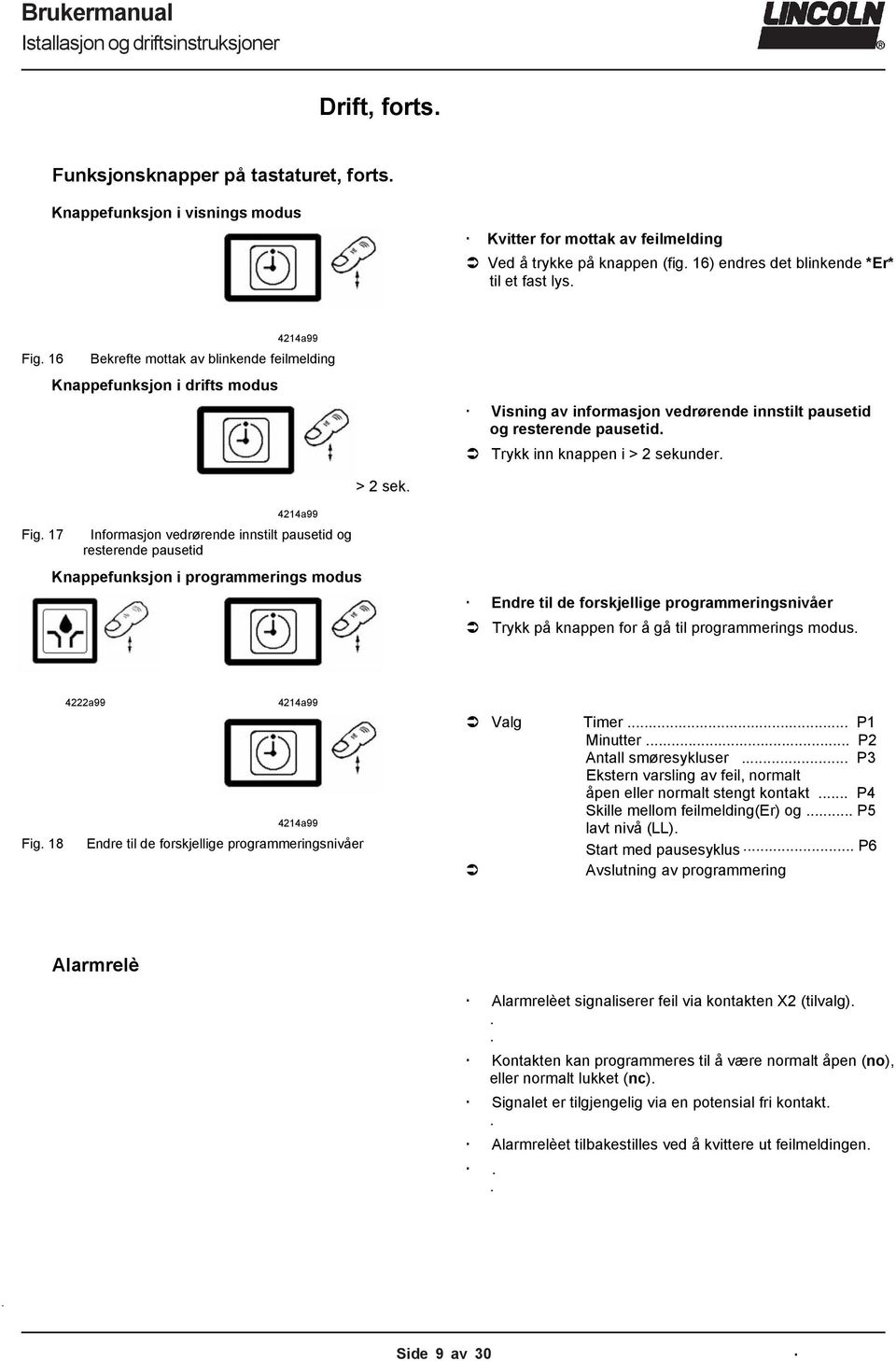 inn knappen i > 2 sekunder > 2 sek 4214a99 Fig 17 Informasjon vedrørende innstilt pausetid og resterende pausetid Knappefunksjon i programmerings modus Endre til de forskjellige programmeringsnivåer