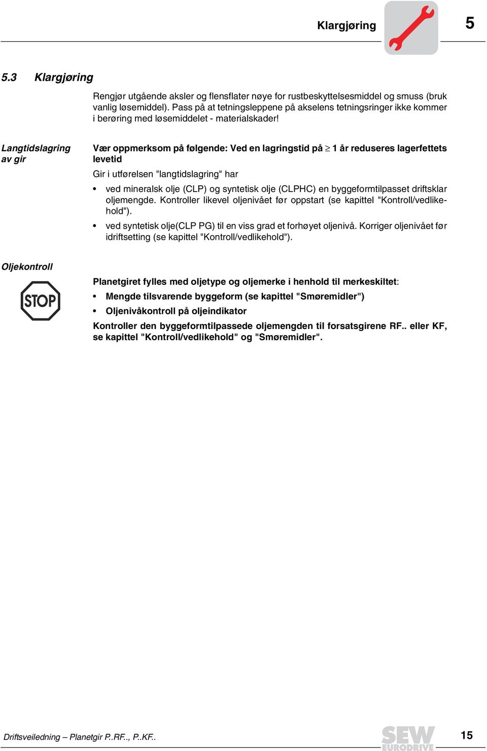 Langtidslagring av gir Vær oppmerksom på følgende: Ved en lagringstid på 1 år reduseres lagerfettets levetid Gir i utførelsen "langtidslagring" har ved mineralsk olje (CLP) og syntetisk olje (CLPHC)