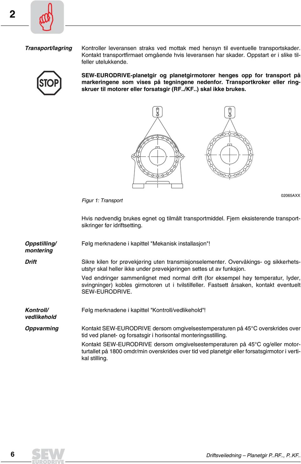 Transportkroker eller ringskruer til motorer eller forsatsgir (RF../KF..) skal ikke brukes. Figur 1: Transport 02065AXX Hvis nødvendig brukes egnet og tilmålt transportmiddel.