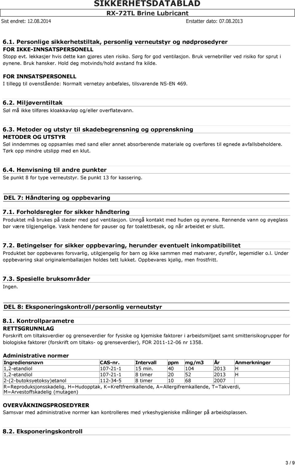 Administrative normer Ingrediensnavn CAS-nr. Intervall ppm mg/m3 Anmerkninger 1,2-etandiol 107-21-1 15 min.