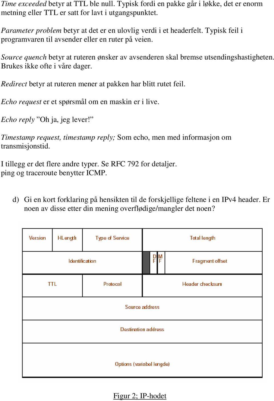 Source quench betyr at ruteren ønsker av avsenderen skal bremse utsendingshastigheten. Brukes ikke ofte i våre dager. Redirect betyr at ruteren mener at pakken har blitt rutet feil.