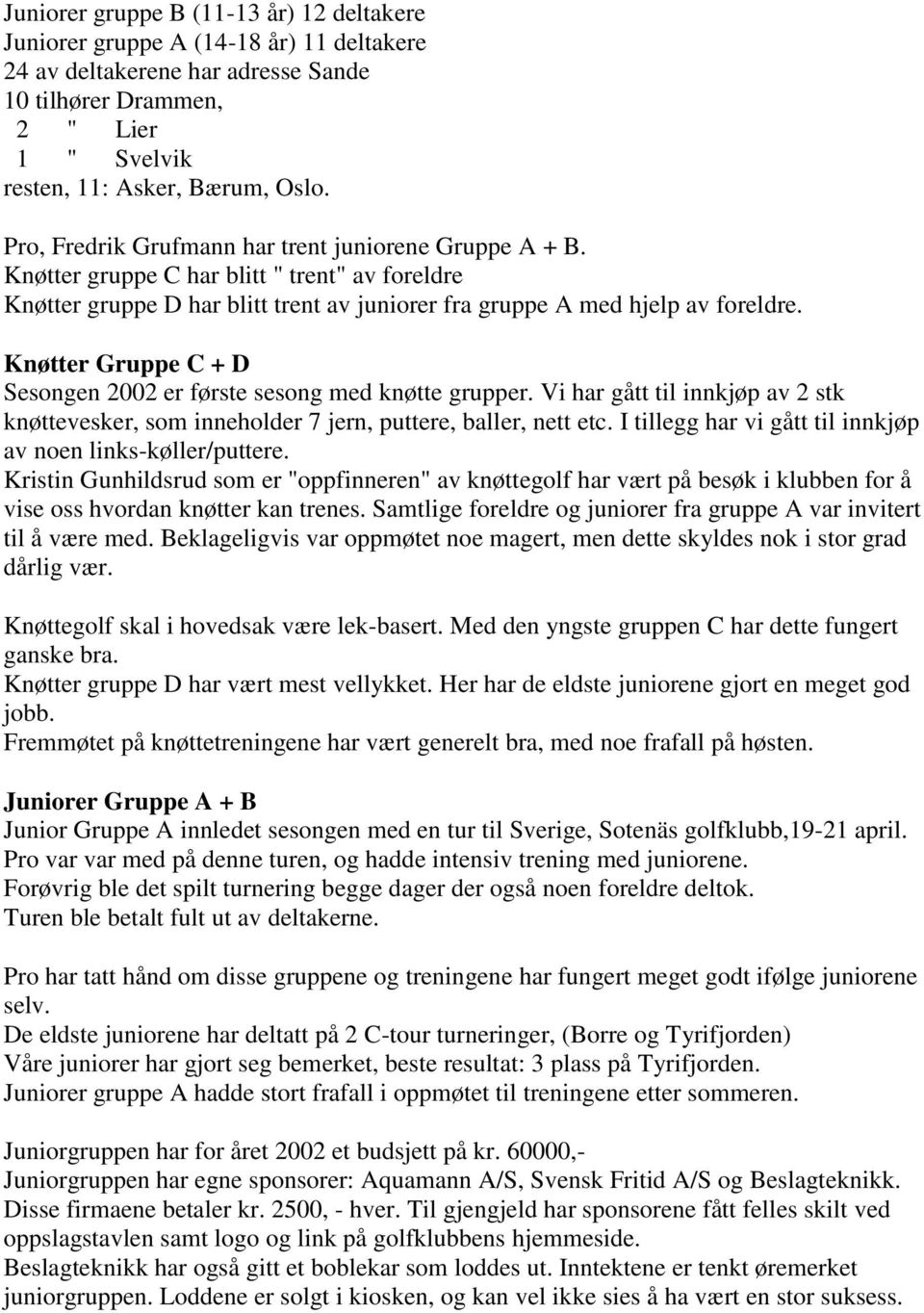 Knøtter Gruppe C + D Sesongen 2002 er første sesong med knøtte grupper. Vi har gått til innkjøp av 2 stk knøttevesker, som inneholder 7 jern, puttere, baller, nett etc.