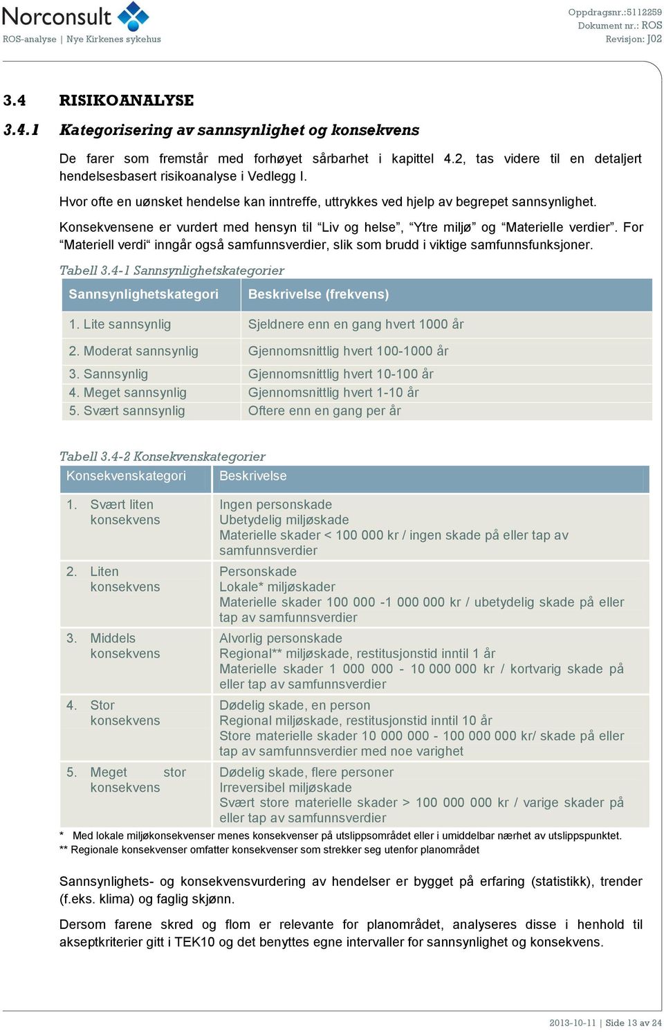 Konsekvensene er vurdert med hensyn til Liv og helse, Ytre miljø og Materielle verdier. For Materiell verdi inngår også samfunnsverdier, slik som brudd i viktige samfunnsfunksjoner. Tabell 3.