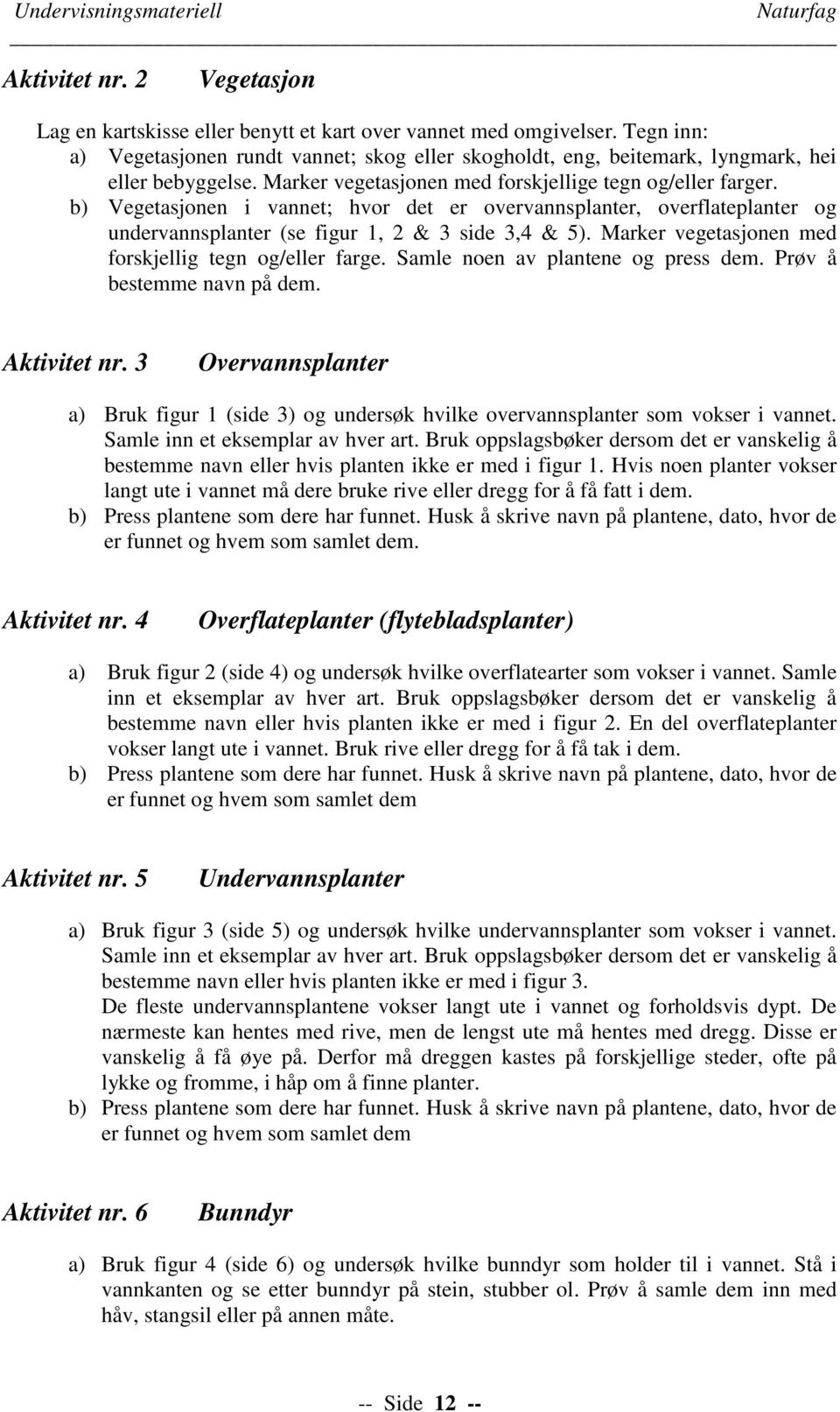 b) Vegetasjonen i vannet; hvor det er overvannsplanter, overflateplanter og undervannsplanter (se figur 1, 2 & 3 side 3,4 & 5). Marker vegetasjonen med forskjellig tegn og/eller farge.