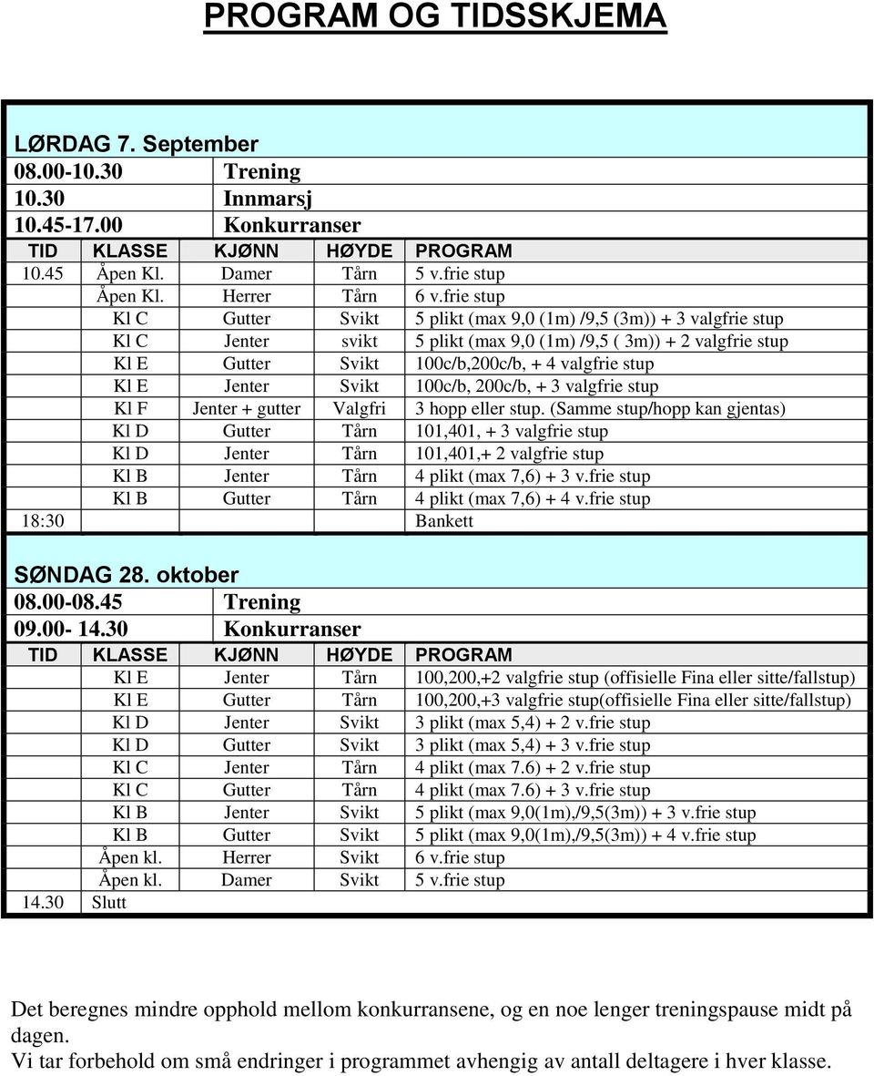 Kl E Jenter Svikt 100c/b, 200c/b, + 3 valgfrie stup Kl F Jenter + gutter Valgfri 3 hopp eller stup.
