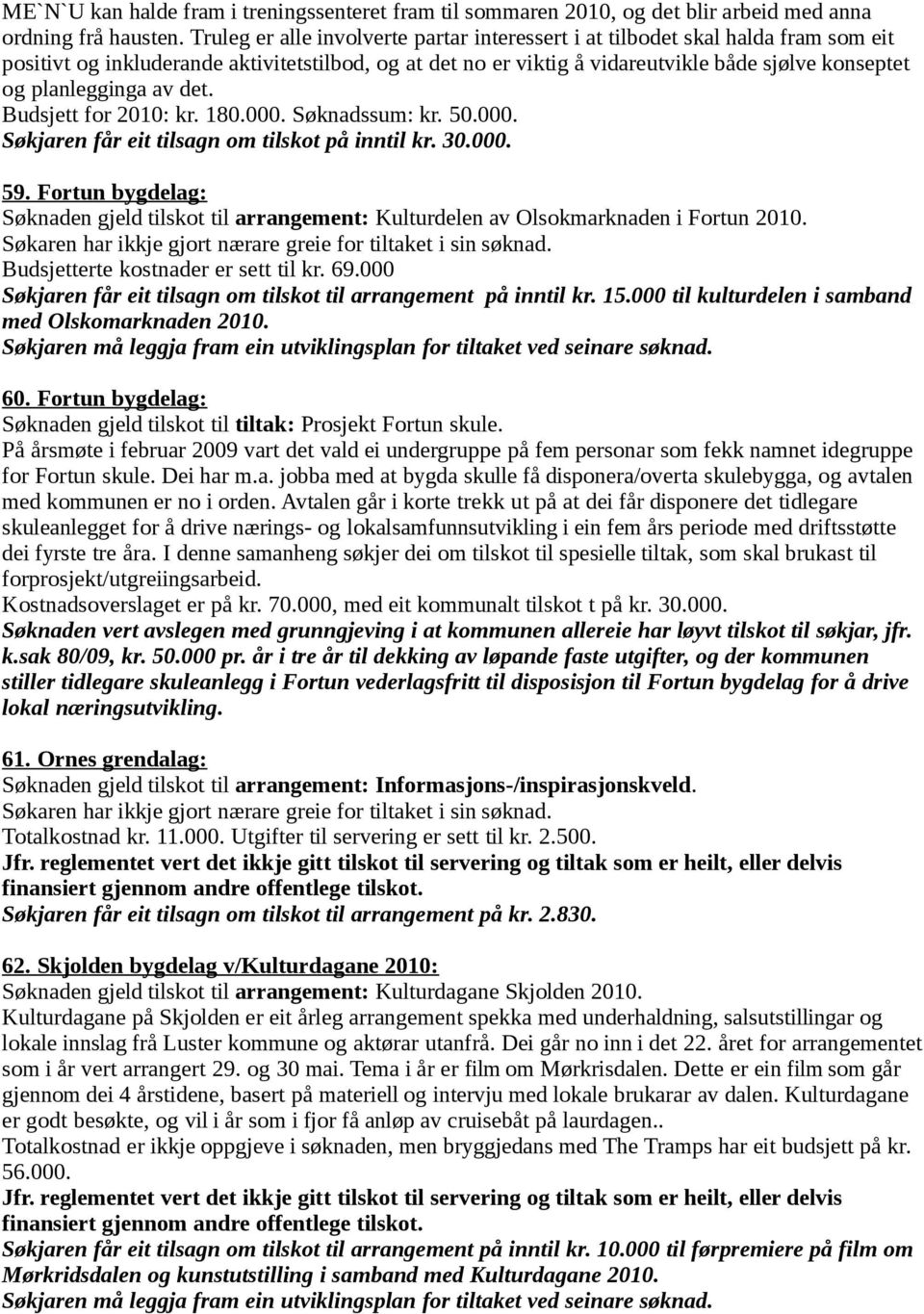 planlegginga av det. Budsjett for 2010: kr. 180.000. Søknadssum: kr. 50.000. Søkjaren får eit tilsagn om tilskot på inntil kr. 30.000. 59.