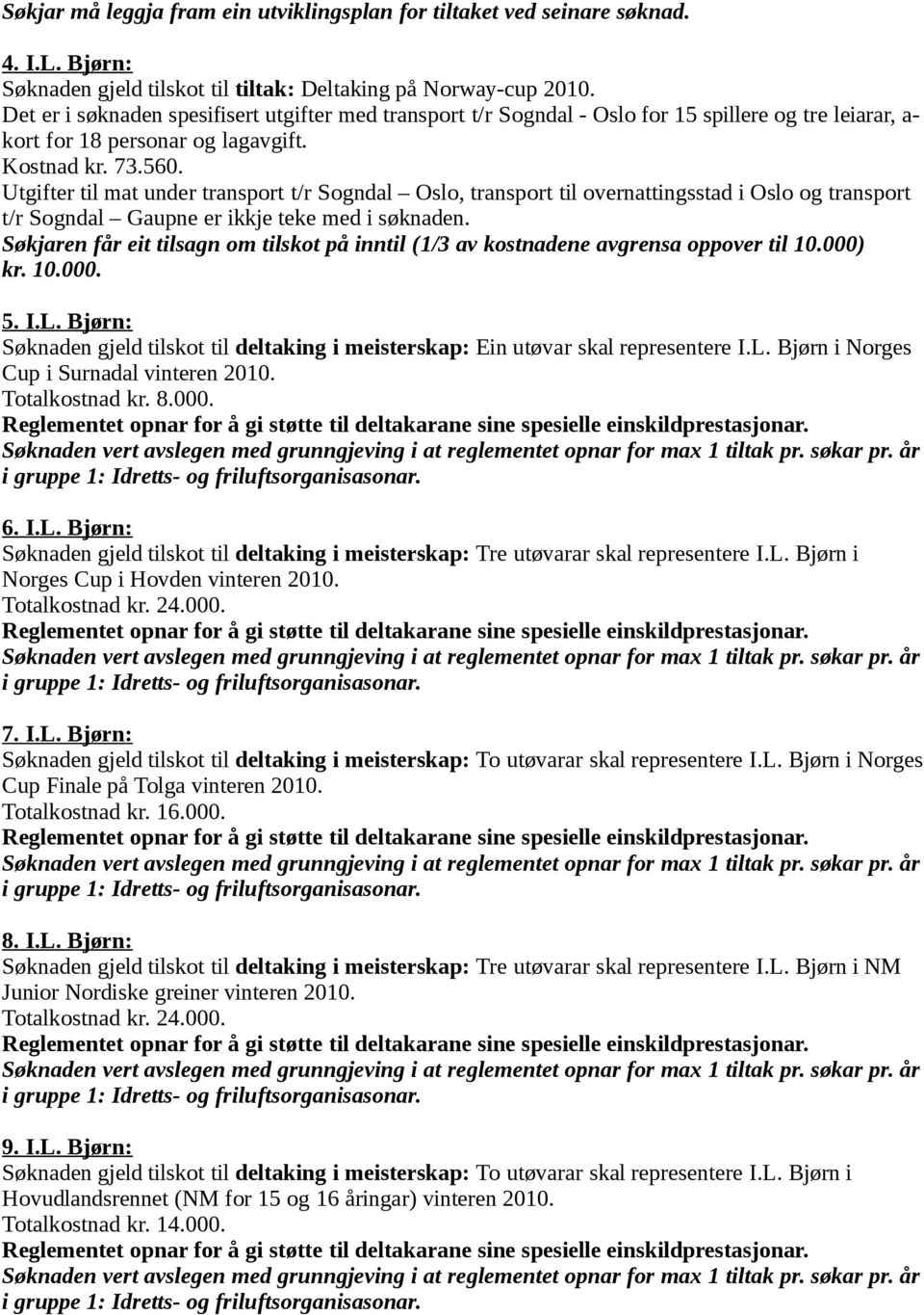 Utgifter til mat under transport t/r Sogndal Oslo, transport til overnattingsstad i Oslo og transport t/r Sogndal Gaupne er ikkje teke med i søknaden.