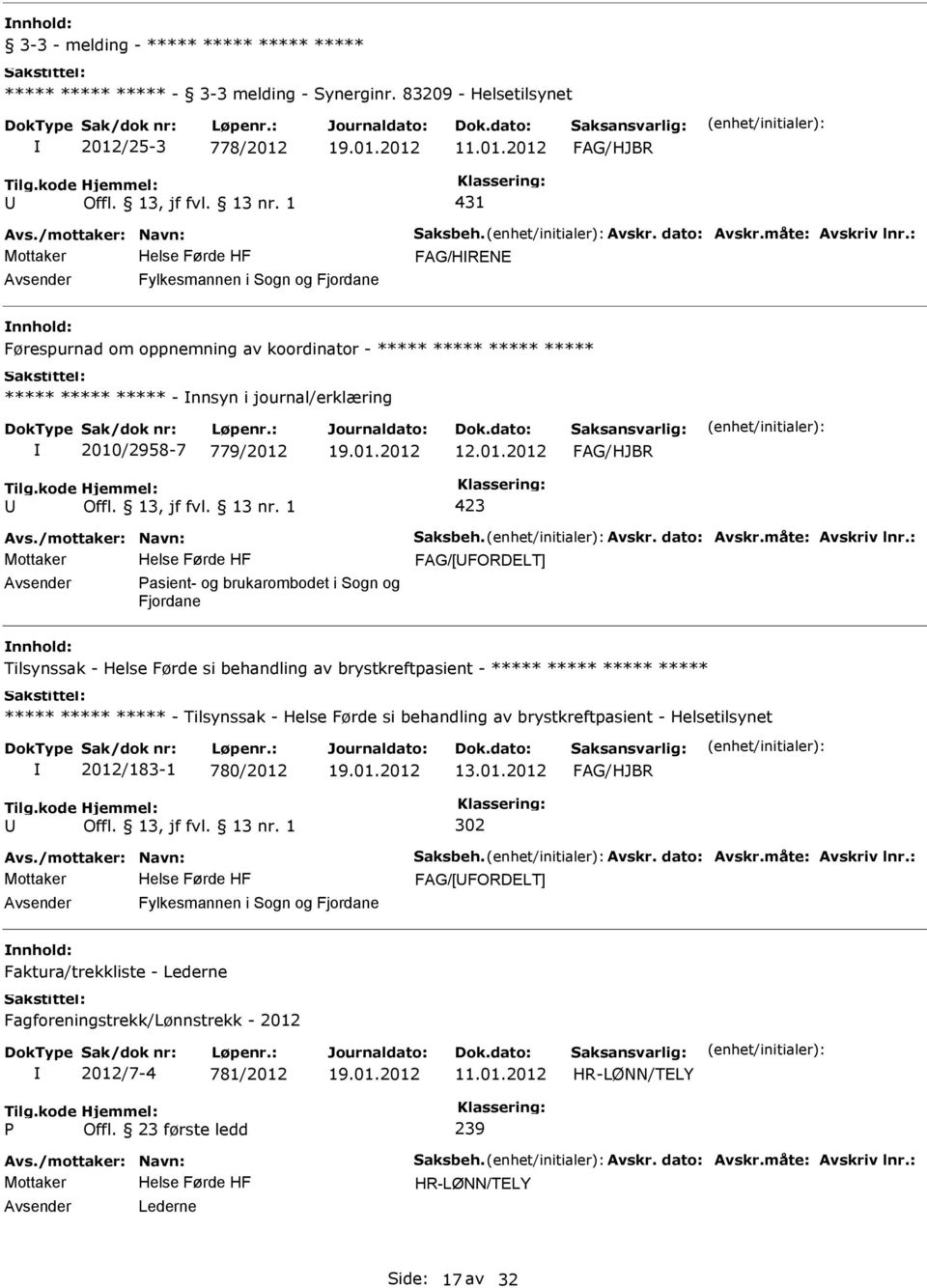 journal/erklæring 2010/2958-7 779/2012 FAG/[FORDELT] Pasient- og brukarombodet i Sogn og Fjordane Tilsynssak - Helse Førde si behandling av brystkreftpasient - ***** ***** ***** *****