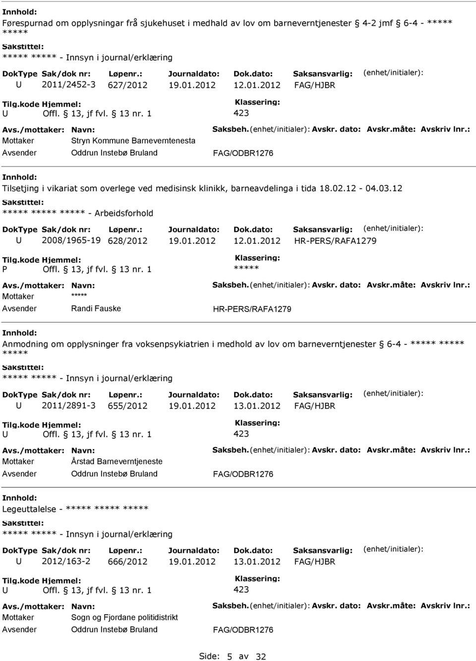 12 ***** ***** ***** - Arbeidsforhold 2008/1965-19 628/2012 HR-PERS/RAFA1279 P ***** Mottaker ***** Randi Fauske HR-PERS/RAFA1279 Anmodning om opplysninger fra voksenpsykiatrien i medhold av lov om