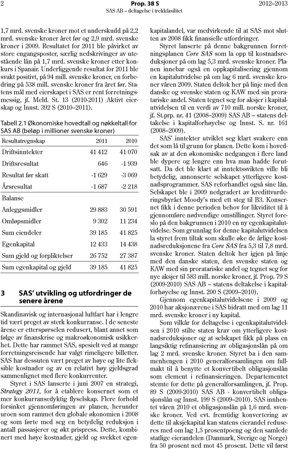 Underliggende resultat for 2011 ble svakt positivt, på 94 mill. svenske kroner, en forbedring på 538 mill. svenske kroner fra året før. Statens mål med eierskapet i SAS er rent forretningsmessig, jf.