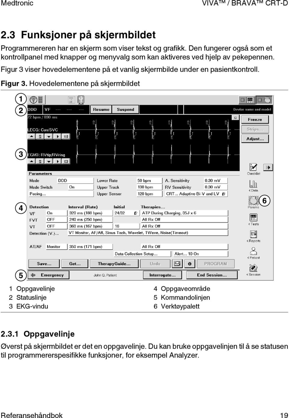 Figur 3 viser hovedelementene på et vanlig skjermbilde under en pasientkontroll. Figur 3.