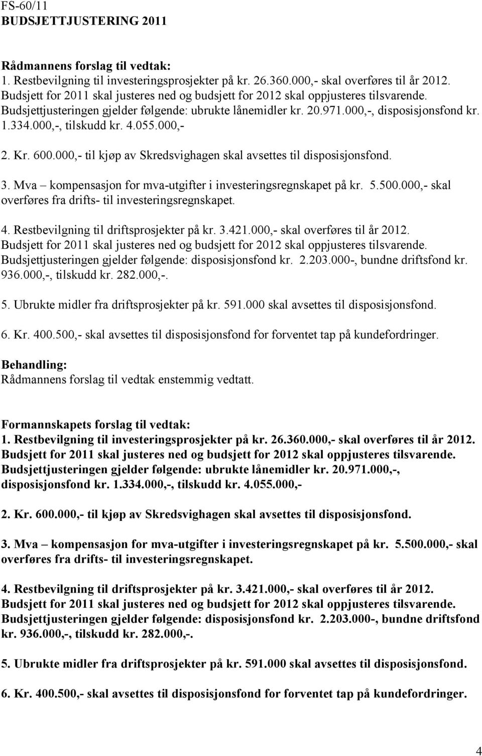 000,-, tilskudd kr. 4.055.000,- 2. Kr. 600.000,- til kjøp av Skredsvighagen skal avsettes til disposisjonsfond. 3. Mva kompensasjon for mva-utgifter i investeringsregnskapet på kr. 5.500.